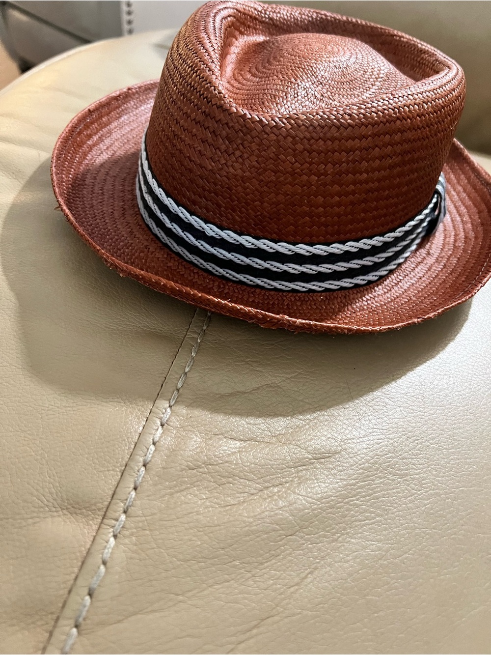 Straw Fedora Hat with Black & White Rope Band - Brown